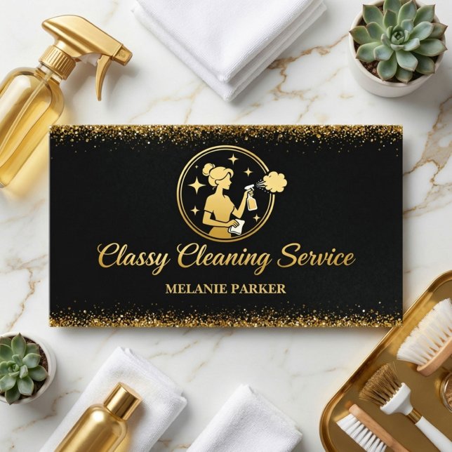 Classy Cleaning Services Logo Maid gold Visitenkarte (Von Creator hochgeladen)