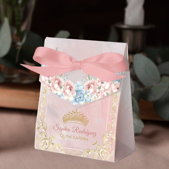 Classy Crown Floral Pink Quinceanera Gefallen Box Geschenkschachtel (Classy Crown Floral Pink Quinceanera Favor Box)