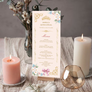 Classy Crown Pink Bow Quinceanera Custom Menu Card Einladung