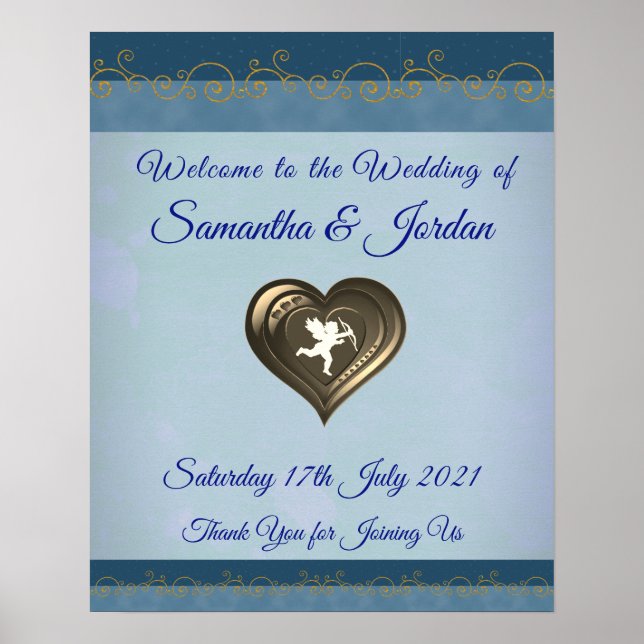 Classy Cupid in Herz, Blau & Gold Willkommenspende Poster (Vorne)