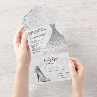 Classy Damask, Silver Stiletto & Gown Quinceañera All In One Einladung