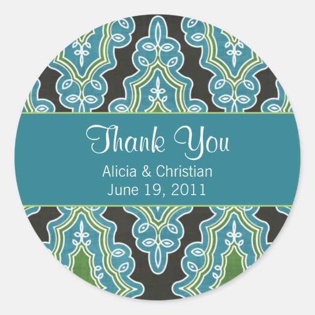 Classy Damask Turquoise Danke Labels Runder Aufkleber (Vorderseite)