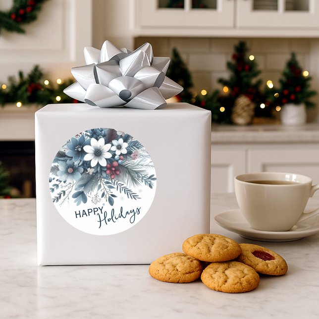 Classy Dark Aquamarin Blue Red Floral Holiday Wrea Runder Aufkleber (Von Creator hochgeladen)