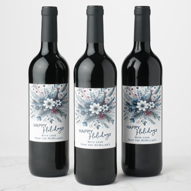 Classy Dark Aquamarin Blue Red Floral Holiday Wrea Weinetikett (Flaschen)