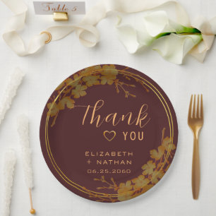Classy Dark Burgundy & Gold Floral Vielen Dank Pappteller