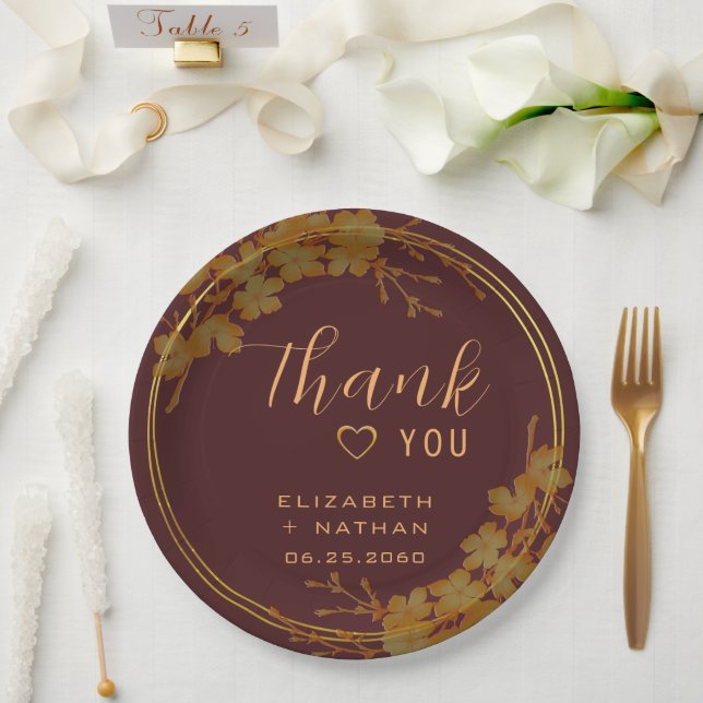 Classy Dark Burgundy & Gold Floral Vielen Dank Pappteller (Hochzeit)