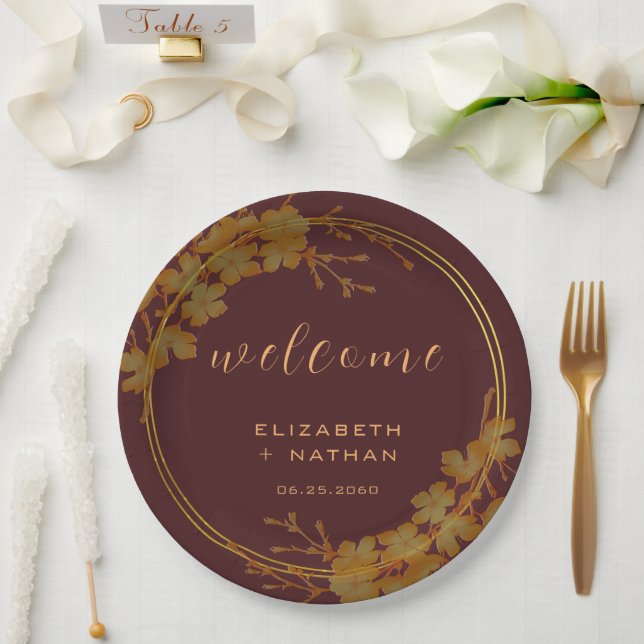 Classy Dark Burgundy & Gold Floral Willkommen Pappteller (Hochzeit)
