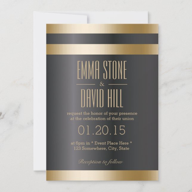 Classy Dark Gold Foil Streifen Hochzeit Einladunge Einladung (Vorderseite)