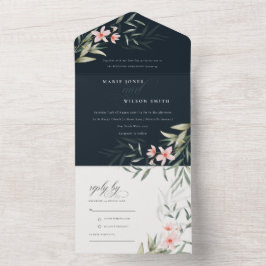 Classy Dark Navy Blush Greenery Blumenzange All In One Einladung