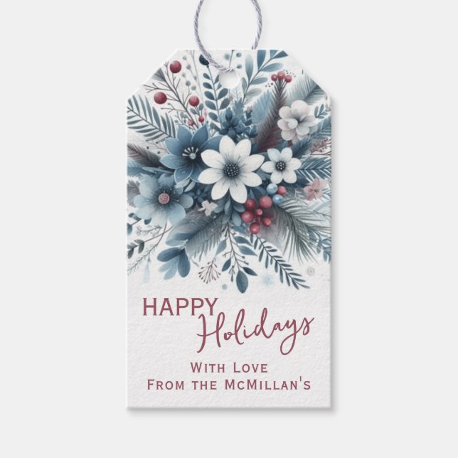 Classy Dark Teal Blue Red Floral Holiday Wreath Geschenkanhänger (Vorderseite)
