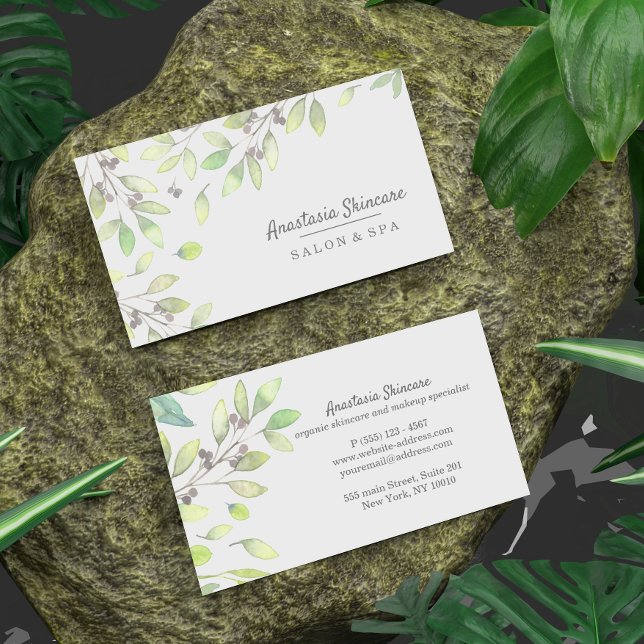 Classy Day Spa and Salon Green Foliage watercolor Visitenkarte (Von Creator hochgeladen)
