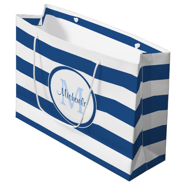 Classy Deep Blue Streifen Muster mit Namen Große Geschenktüte (Vorderseite Schrägansicht)