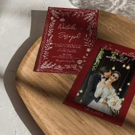 Classy Deep Red Blue Floral Modern Photo Wedding  Einladung