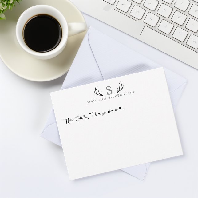 Classy Deer Antlers Grau Monogram Mitteilungskarte (Classy Deer Antlers Gray Monogram Note Card)