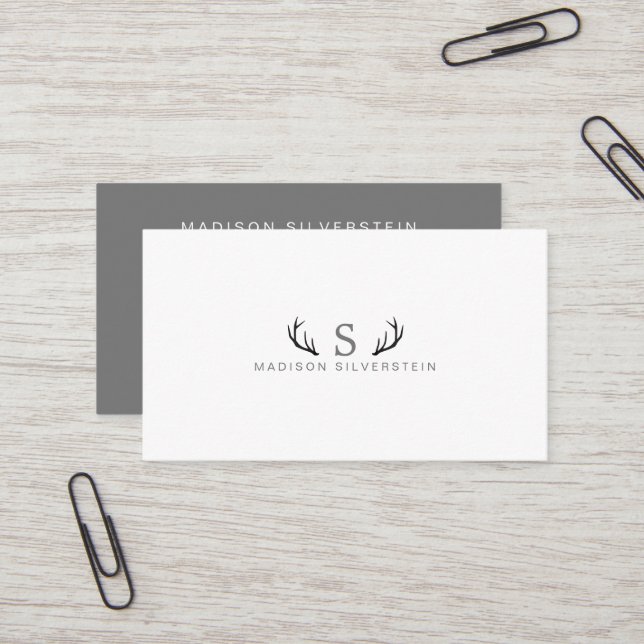 Classy Deer Antlers Grau Monogramm Beruflich Visitenkarte (Vorderseite/Rückseite Beispiel)
