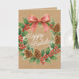 Classy Dezember Kranz mit rosa Bow Wasserfarbe Feiertagskarte
