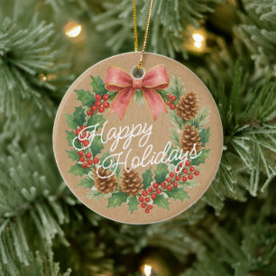 Classy Dezember Kranz mit rosa Bow Wasserfarbe Keramik Ornament