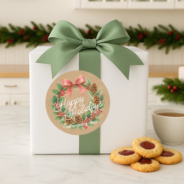 Classy Dezember Kranz mit rosa Bow Wasserfarbe Runder Aufkleber (Von Creator hochgeladen)
