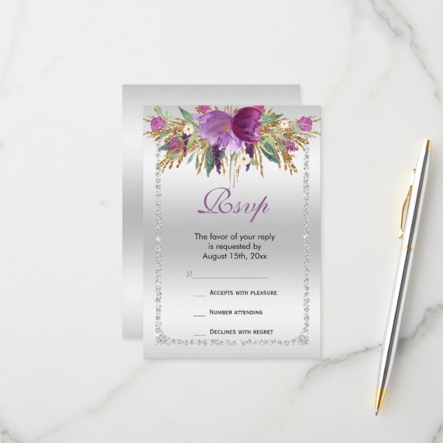 Classy Diamond Glitzer Wasserfarben Blume Geburtst RSVP Karte (Vorderseite/Rückseite Beispiel)