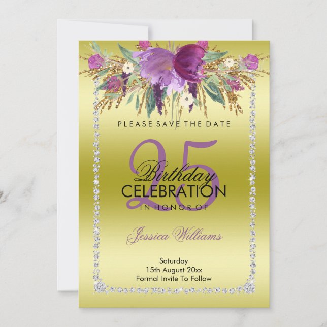 Classy Diamond Glitzer Wasserfarben Blume Geburtst Save The Date (Vorderseite)