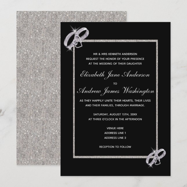 Classy Diamond Silver Wedding Rings Wedding Einladung (Vorne/Hinten)