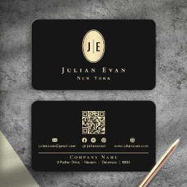 Classy Elegant Black & Gold Shiny Oval Monogram Visitenkarte
