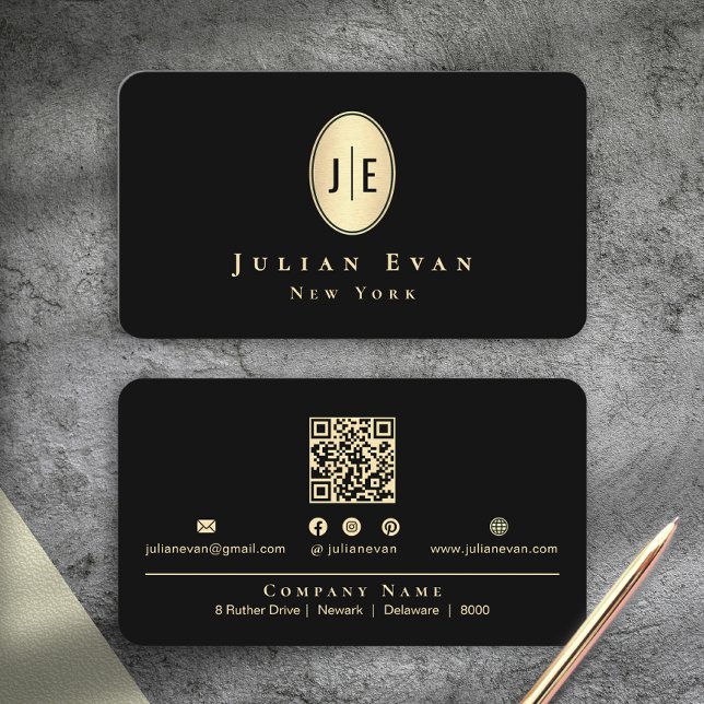 Classy Elegant Black & Gold Shiny Oval Monogram Visitenkarte (Classy Elegant Black & Gold Shiny Oval Monogram Business Card)