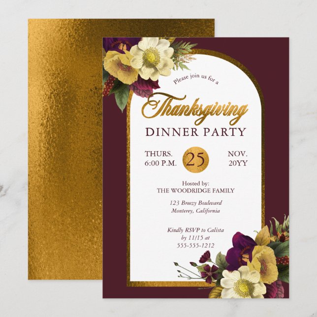 Classy Elegant Gold | Burgund-Floral-Erntedank Einladung (Vorne/Hinten)