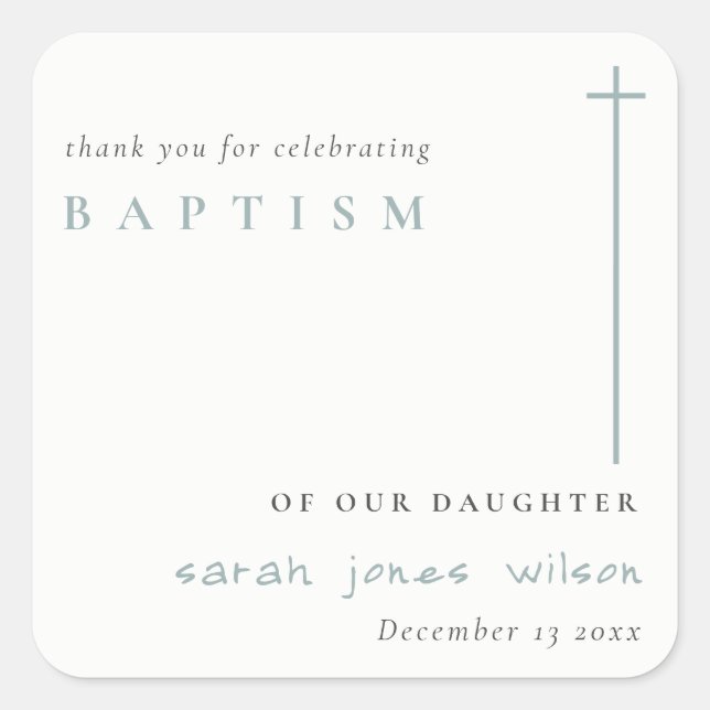 Classy Elegant Minimal Blaue Typografie Taufe Quadratischer Aufkleber (Vorderseite)