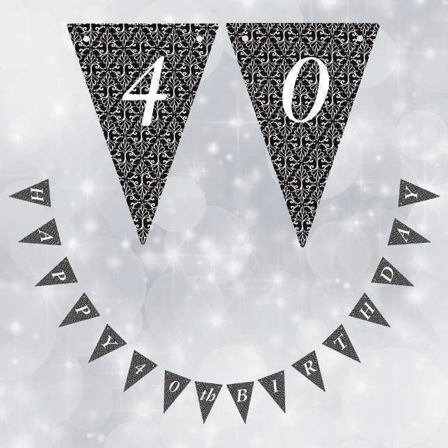 Classy Elegant Schwarz-weiß Geburtstag Damask Wimpelkette (Elegant damask pattern with scrolls black and white on Happy Birthday bunting flag party banner.)