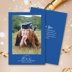 Classy Elegant Script Royal Blue Abschluss Foto Dankeskarte