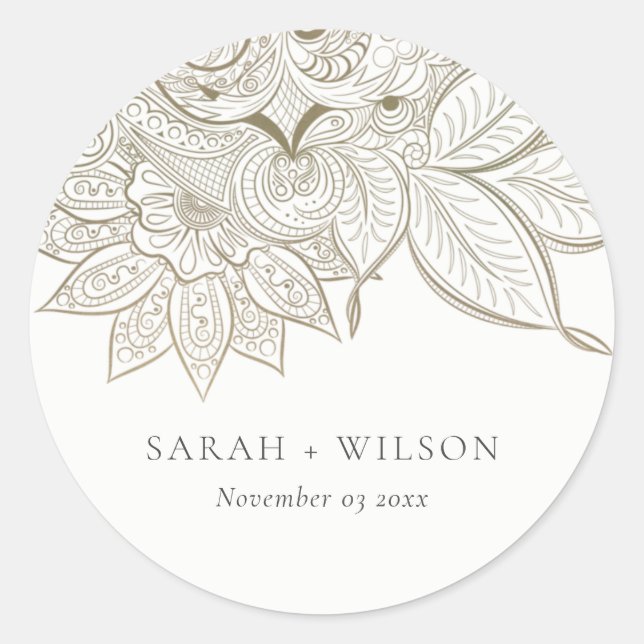 Classy Elegant Verziert Paisley Ivory Gold Wedding Runder Aufkleber (Vorderseite)