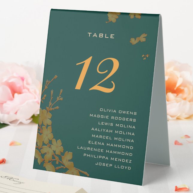 Classy Emerald Green Gold Floral Guest Names Tischaufsteller (In Situ (Hochzeit))