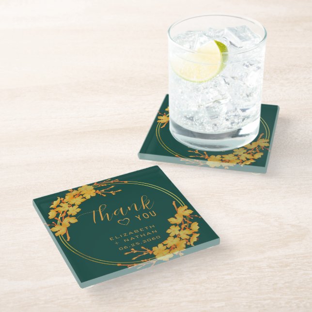 Classy Emerald Green Gold Floral Wedding Vielen Da Glasuntersetzer (Schrägansicht)