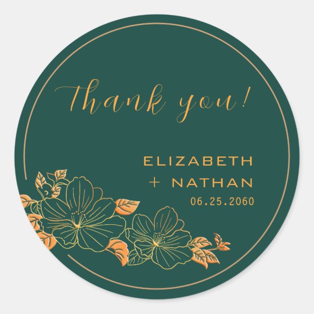 Classy Emerald Green Gold Floral Wedding Vielen Da Runder Aufkleber (Vorderseite)