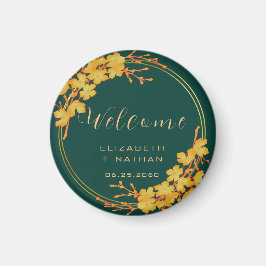 Classy Emerald Green Gold Floral Wedding Willkomme Magnet