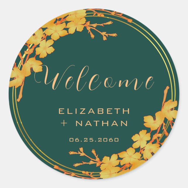 Classy Emerald Green Gold Floral Wedding Willkomme Runder Aufkleber (Vorderseite)