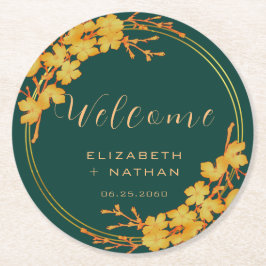 Classy Emerald Green Gold Floral Wedding Willkomme Runder Pappuntersetzer