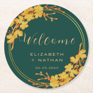Classy Emerald Green Gold Floral Wedding Willkomme Runder Pappuntersetzer