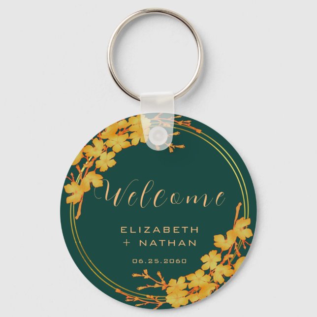 Classy Emerald Green Gold Floral Wedding Willkomme Schlüsselanhänger (Vorderseite)