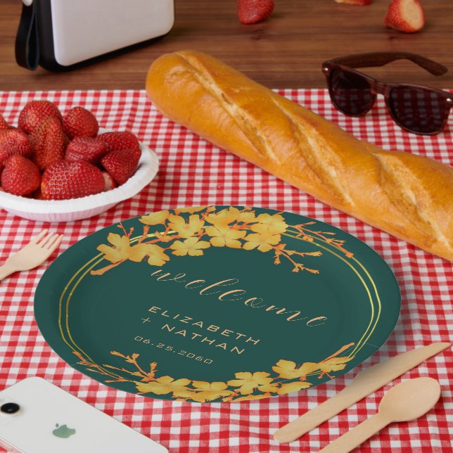 Classy Emerald Green Gold Floral Willkommen Pappteller (Picknick)