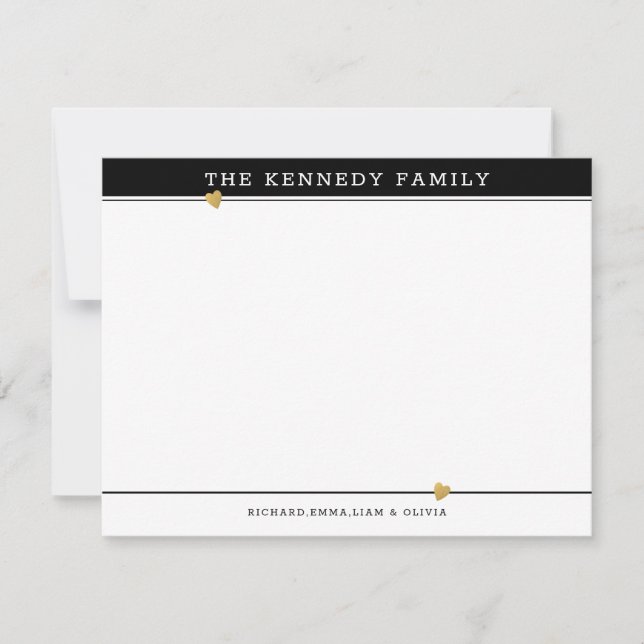 Classy Family Name Gold Heart Black And White Mitteilungskarte (Vorderseite)