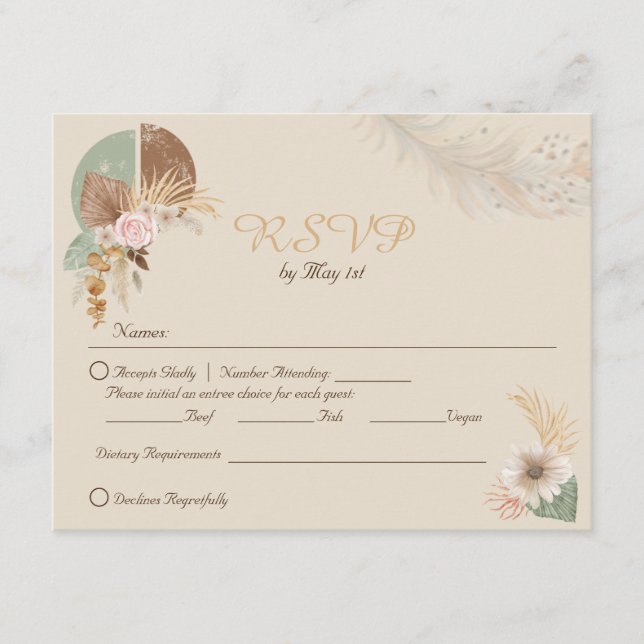 Classy Feather Boho Beige Wedding RSVP Card Begleitkarte (Vorderseite)