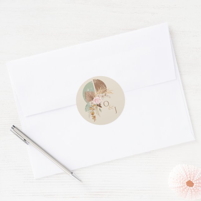 Classy Feather Boho Beige Wedding Umschlag Aufkleb Runder Aufkleber (Umschlag)