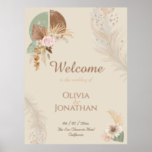 Classy Feather Boho Beige Wedding Welcome Sign Poster