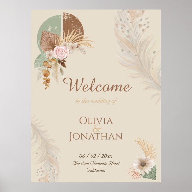 Classy Feather Boho Beige Wedding Welcome Sign Poster (Vorne)