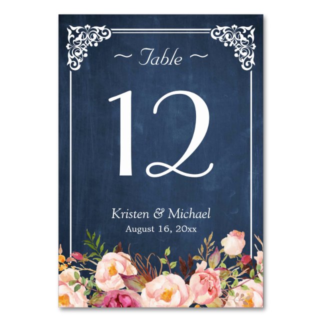 Classy Floral Blue Chalkboard Wedding Tischnummer (Vorderseite)