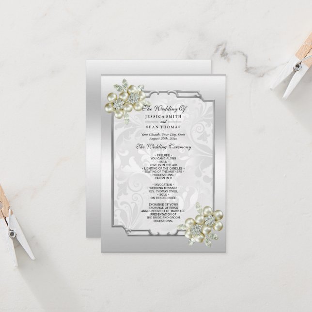 Classy Floral Gem, Silver Gerahmt Wedding Program (Vorderseite/Rückseite Beispiel)