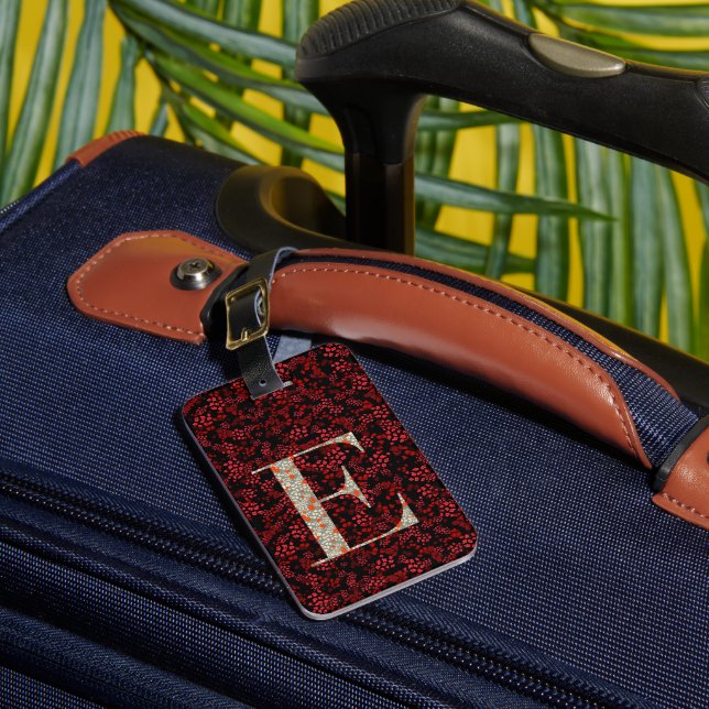 Classy Floral Mit Monogramm Letter E dunkelrot Gepäckanhänger (Vorderseite Insitu 1)