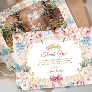 Classy Floral Pink Quinceanera Foto DankeYou Card Ankündigung